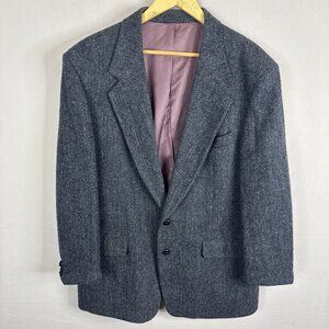 Vintage Harris Tweed Herringbone Sport Coat Blazer Men’s 44S Short Gray Blue